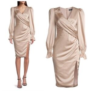 NWT Lavish Alice satin balloon sleeve wrap midi dress in champagne